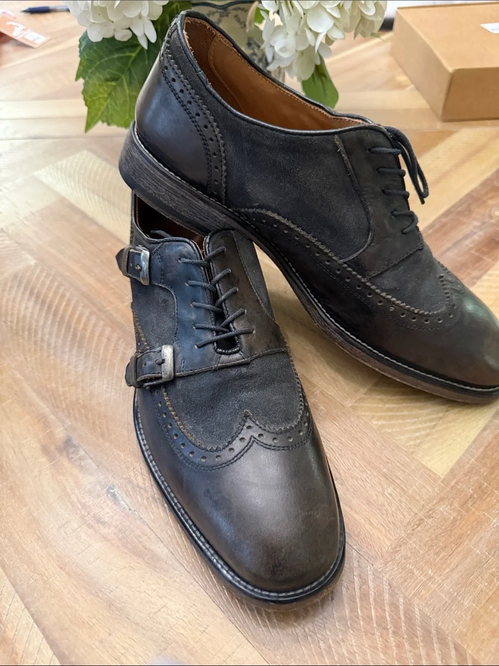 John Varvatos Dark Brown Suede & Leather Brogue Monk Strap Oxfords
